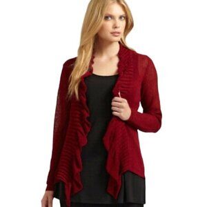 Eileen Fisher Loose Knit Open Front Ruffle Cardigan Red M
